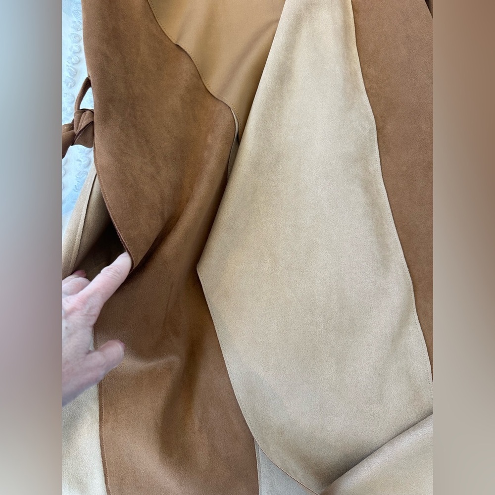 New Zara Faux Suede Two-Tone Belted Waterfall Coat - Picture 9 of 10